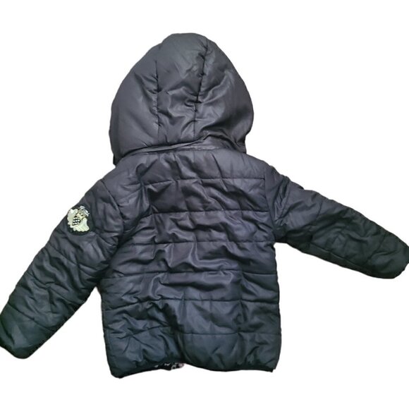 3 Pommes Girls Black Floral Quilted Reversible Puffer Winter Coat - Picture 3 of 7